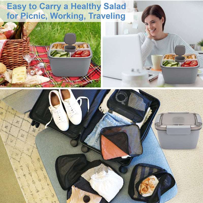 [Australia - AusPower] - Freshmage Salad Lunch Container To Go, 52-oz Salad Bowls with 3 Compartments, Salad Dressings Container for Salad Toppings, Snacks, Men, Women (Grey) Gray 