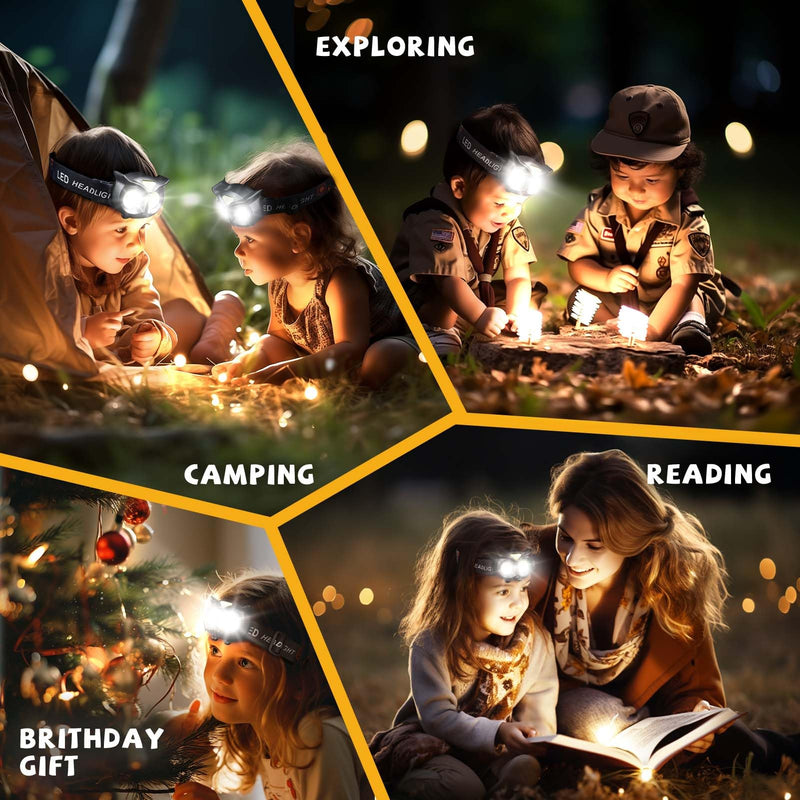 [Australia - AusPower] - unibrite LED Kids Headlamp, 2Pack COB Headlamp for Kids Boys Girls or Adults, Flashlight Headlamp Battery Powered Lightweight Headlight Ideal Gift for Camping, Birthday, Halloween, Christmas, New Year Black+Black 