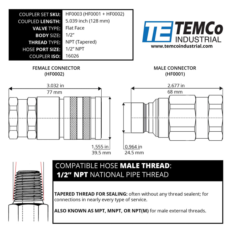 [Australia - AusPower] - TEMCo 1/2" Female NPT Thread 1/2" Body Male Hydraulic Coupler ISO 16028 Flat Face Quick Connect - HF0001 
