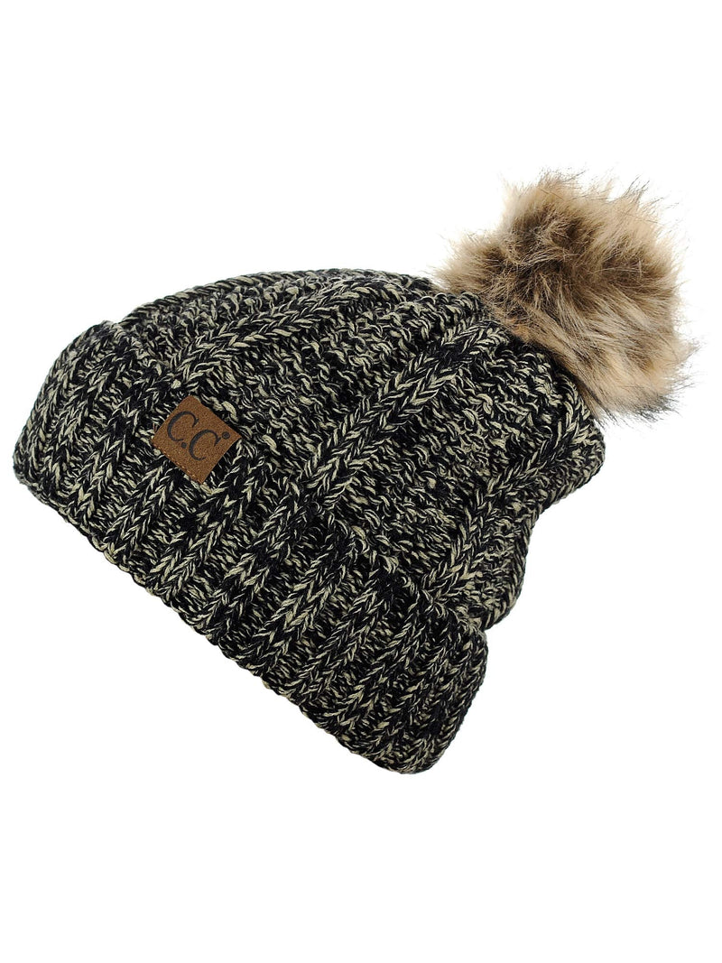 [Australia - AusPower] - C.C Thick Cable Knit Faux Fuzzy Fur Pom Fleece Lined Skull Cap Cuff Beanie 2 Tone Black/Dark Beige 