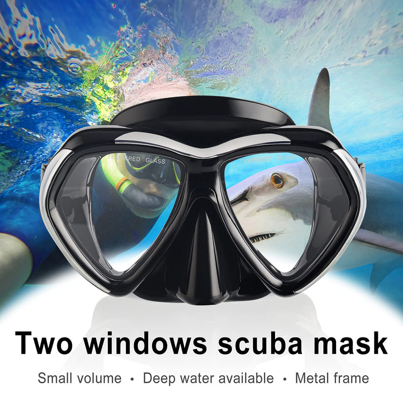 [Australia - AusPower] - Adult Scuba Diving Mask, Anti-Fog Dive Mask, Anti-Leak Tempered Glass Swim Goggles with Nose Cover, Professional Snorkeling Gear for Snorkeling Freediving Swimming Spearfishing Black 