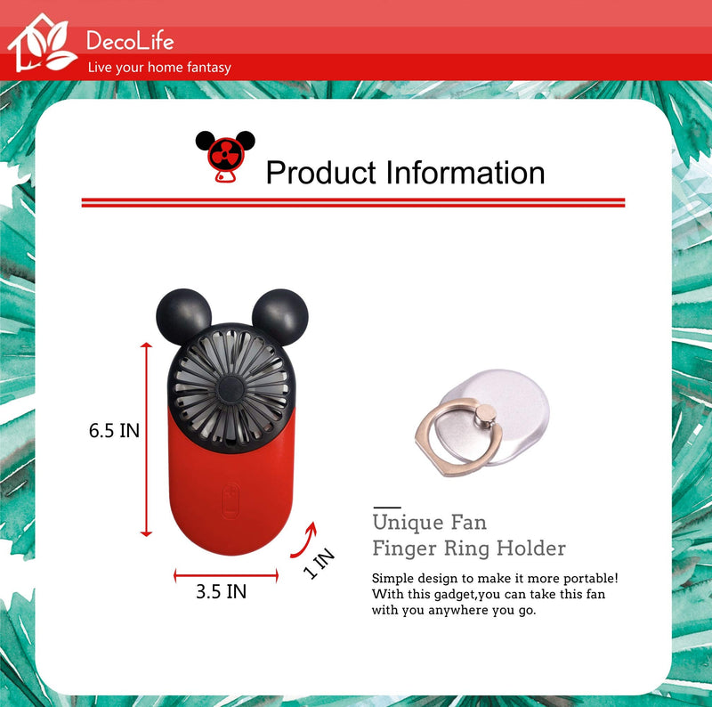 [Australia - AusPower] - DecoLife Cute Personal Mini Fan, Handheld & Portable USB Rechargeable Fan with Beautiful LED Light, 3 Adjustable Speeds, Portable Holder, Perfect for Indoor Or Outdoor Activities, Cute Mouse Red 