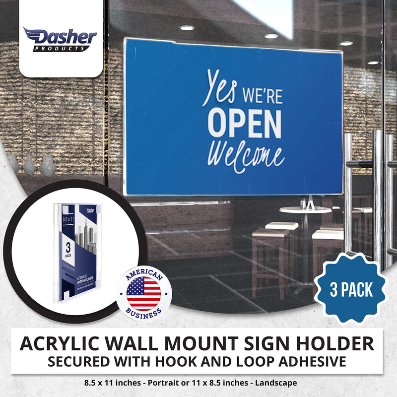 [Australia - AusPower] - Acrylic Sign Holder with Hook and Loop Adhesive, 8.5 x 11 inches - Portrait or 11 x 8.5 inches - Landscape, Clear Wall Mount Frame, Perfect for home, office, store, restaurant (3 Pack) 3 Pack 