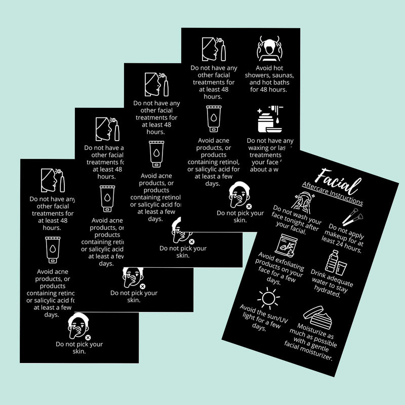 [Australia - AusPower] - Facial Aftercare Cards | 50 Pack | Size 2 x 3.5” inches Business Card Size | Facial PMU | Aftercare Instructions Black with Icons Design 