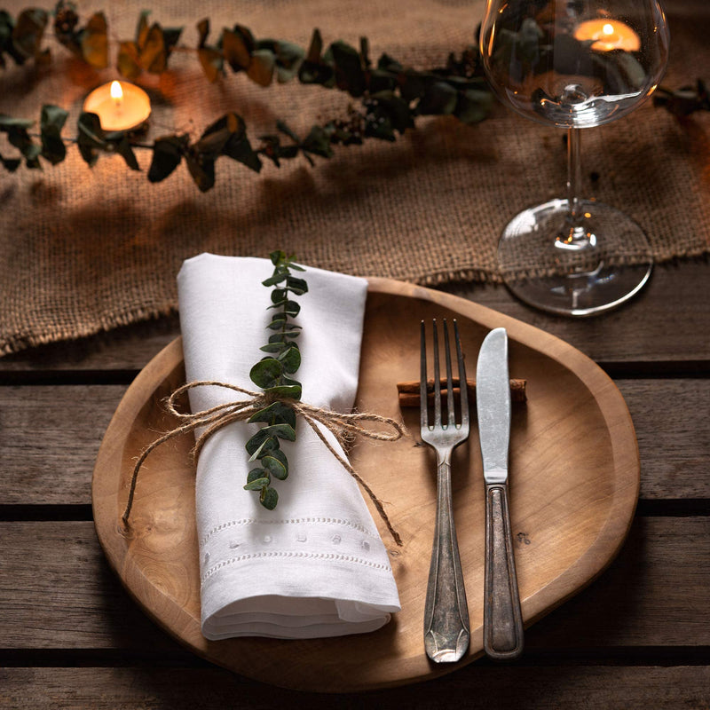 [Australia - AusPower] - O'lucio Home White Linen Napkins - 18 x 18 inch Hemstitched Dinner Napkins Embroidered Swiss Dot - Set of 4 Machine Washable Cloth Napkins, 100% French Flax Linen Natural Fabric 