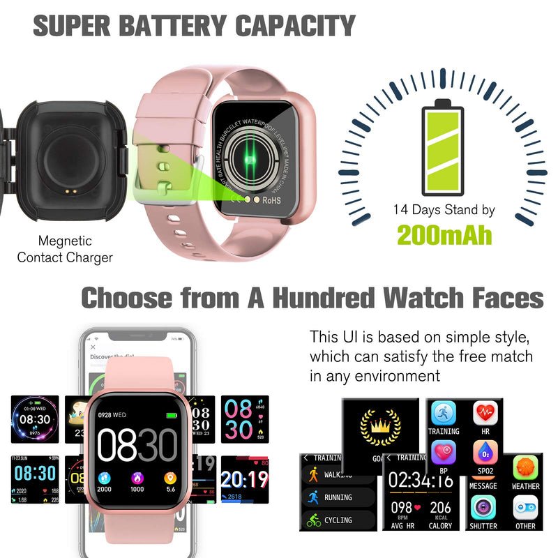 [Australia - AusPower] - Pradory Smart Watch, Fitness Watch Activity Tracker with Blood Pressure Heart Rate Monitor IP67 Waterproof Bluetooth Smartwatch Touch Screen Sports Tracker Watch for iOS Phones Android Women Men Pink 2022 Blood Pressure Smart Watch Pink 
