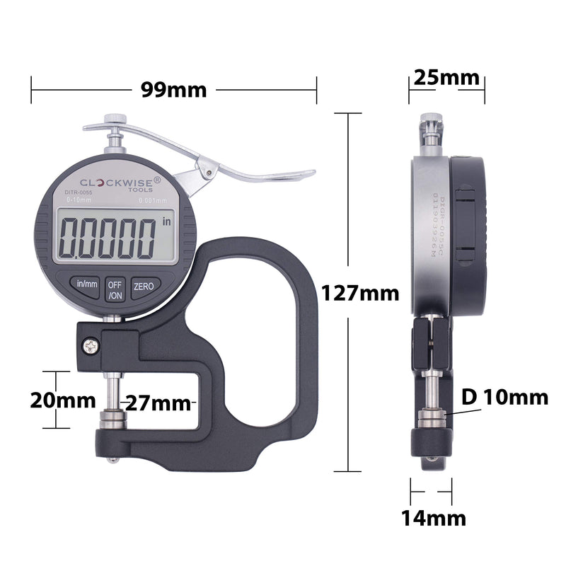 [Australia - AusPower] - Clockwise Tools DTNR-0055 Electronic Digital Dial Thickness Gauge 0-0.4 inch/10mm 0.00005" Resolution Measuring Tool Resolution 0.00005"/0.001mm 