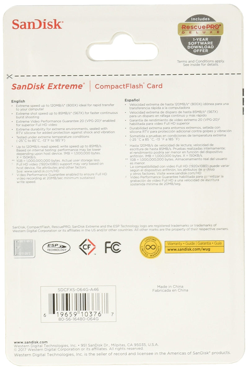 [Australia - AusPower] - Sandisk Extreme CompactFlash Memory Card - 64 GB (SDCFXS-064G-A46) 