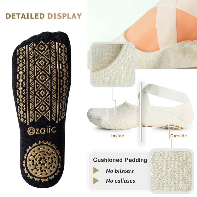 [Australia - AusPower] - Ozaiic Yoga Socks for Women Non-Slip Grips & Straps, Ideal for Pilates, Pure Barre, Ballet, Dance, Barefoot Workout 2 Pairs- Black/ Beige（1st Anniversary Edition） 
