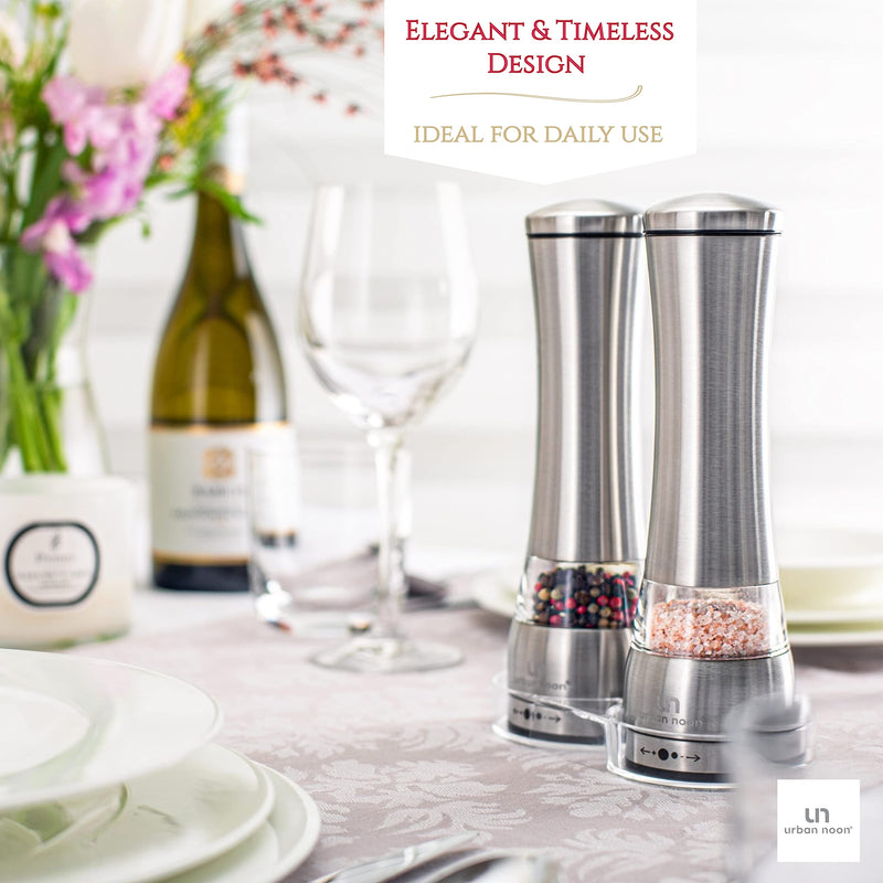 [Australia - AusPower] - Salt and Pepper Grinder Set - Stainless Steel Pepper Grinder and Salt Grinder with Tray in Luxurious Gift-Box - Manual Mills with Ceramic Grinders and Adjustable Coarseness (Set of 2 plus Tray) 