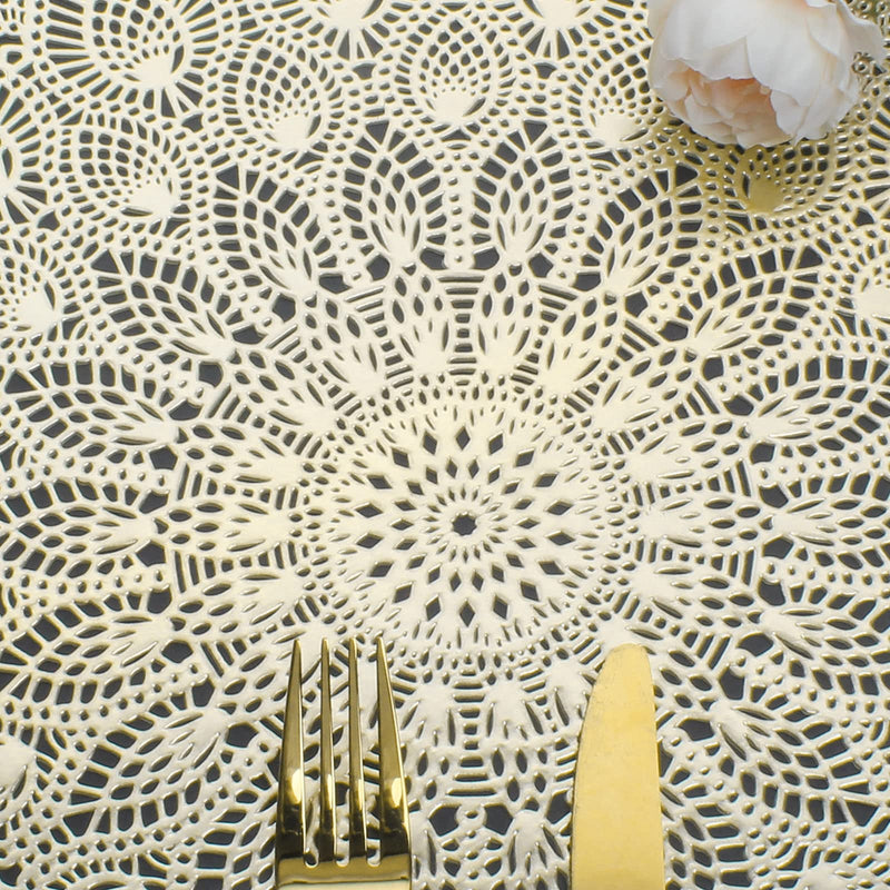 [Australia - AusPower] - Mabbcoo Gold Round Placemats, Hollow Out Washable and Wipeable Place Mats, Pressed Vinyl Table Mats Set of 6 for Anniversary Dinner Kitchen Decorations 6Pcs Round 