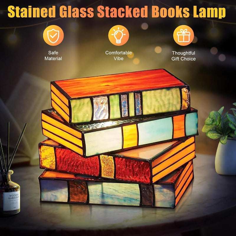 [Australia - AusPower] - Draduo Stained Glass Stacked Books Lamp, Stacked Books Resin Lamp, Stained Glass Nightstand Lamp,Handcrafted Resin Nightstand Desk Book Lamps 