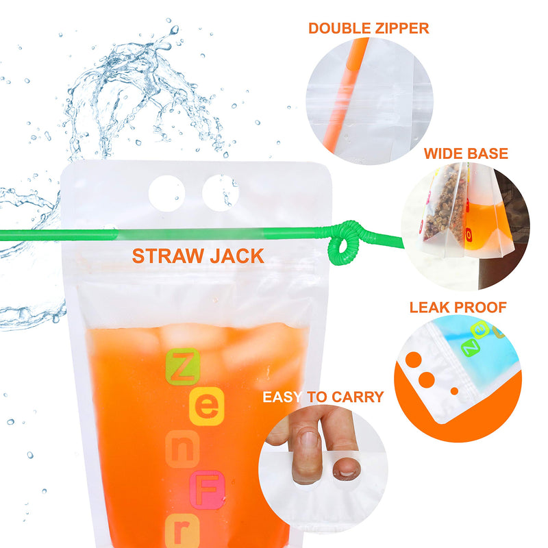 [Australia - AusPower] - ZenFro 50-Pcs Premium Smoothie Bags with 50 Straws & a Funnel for Adults and Kids - Reclosable Plastic Drinking Pouches for Hot & Cold Frozen Drinks - Heavy Duty, Non-BPA, Zipper Juice Bags Containers 