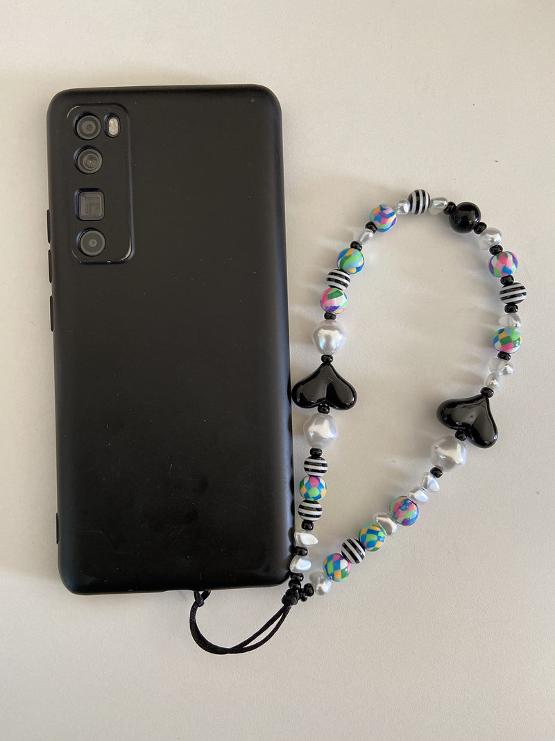 [Australia - AusPower] - Beaded Phone Charm Y2K Phone Strap Charm Handmade Cell Phone Lanyard Wrist Strap Kawaii Acrylic Beads Cell Phone Chain Black 