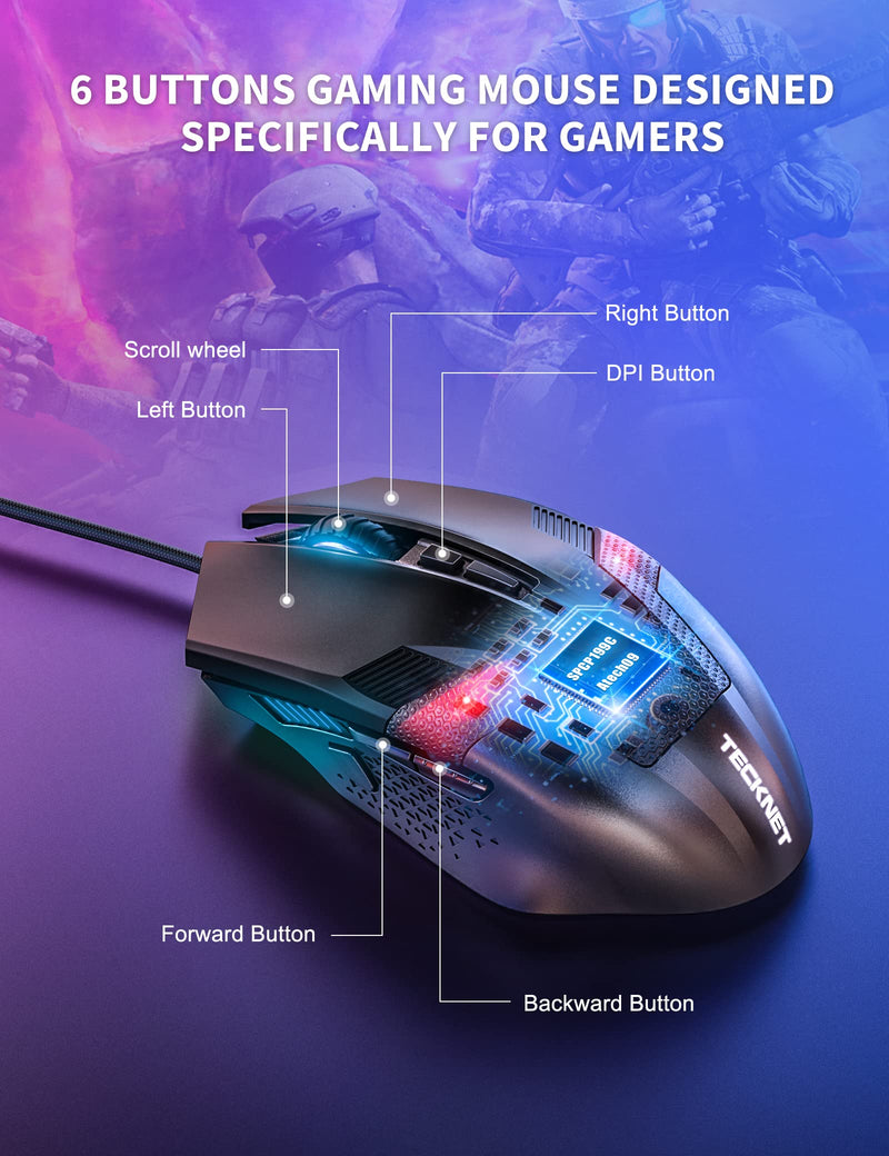 [Australia - AusPower] - TECKNET Wired Gaming Mouse 6 Color RGB Spectrum Backlit, 6 Programmable Buttons, Intelligent Sensor up to 8000 DPI, Ergonomic USB Mice Comfortable Grip for Laptop PC Gamer Computer Desktop (Black) 