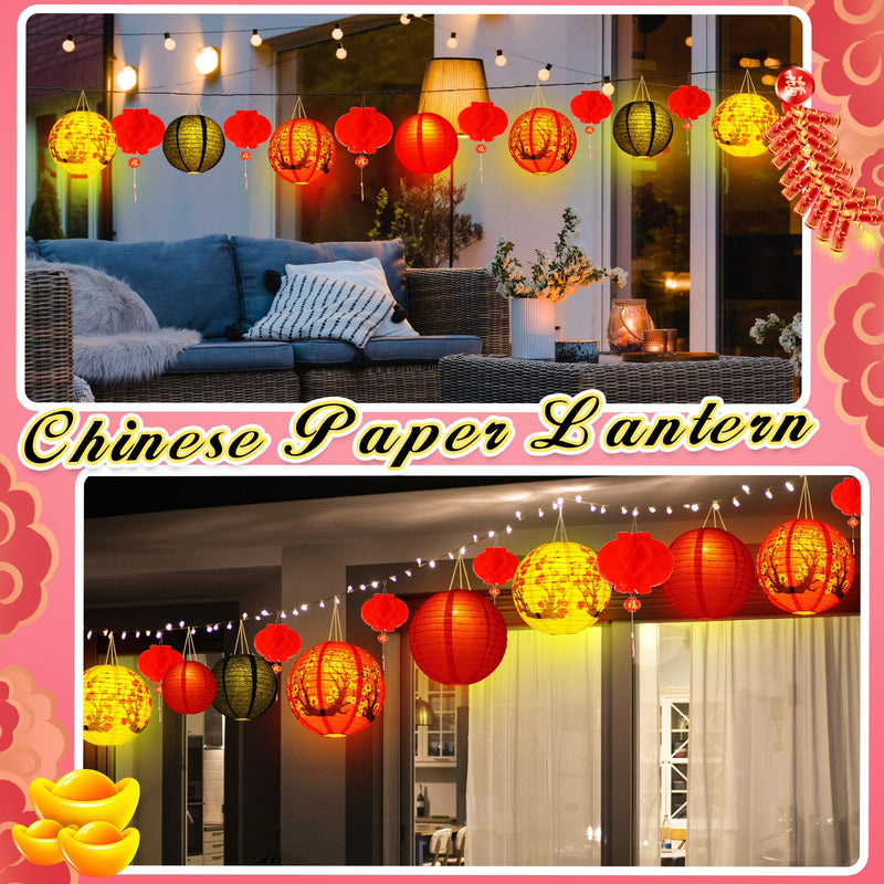 [Australia - AusPower] - Tuanse 30 Pcs LED Chinese Japanese Lanterns Decoration Includes Cherry Flowers Paper Lanterns Red Chinese Lanterns and LED Lantern Lights for New Year Spring Festival (Red, White, Black,Multi Size) 