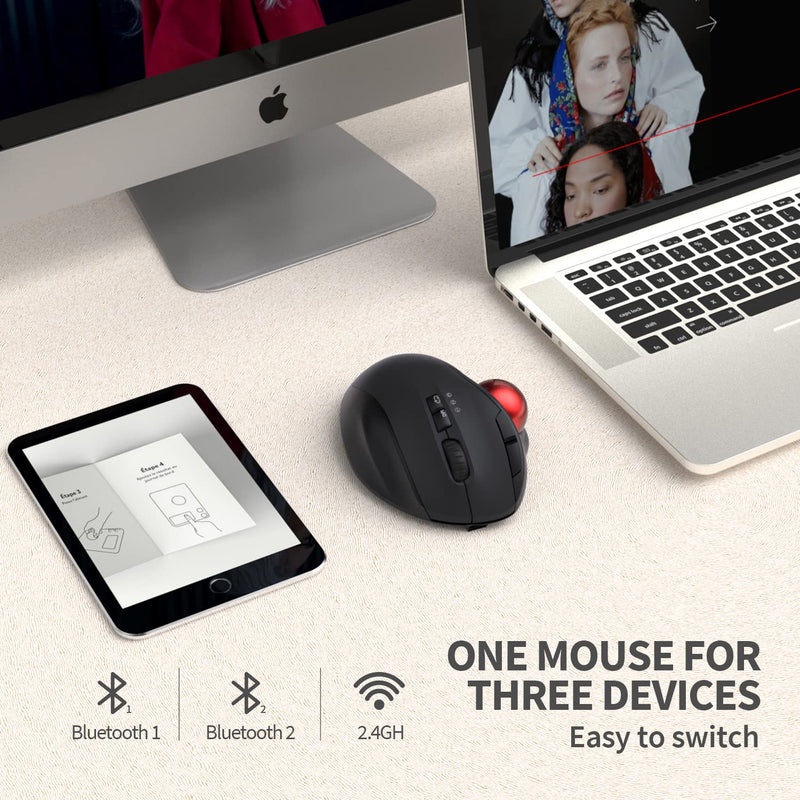 [Australia - AusPower] - 2.4G+Dual Bluetooth Wireless Trackball Mouse, KKUOD 3-Device Connection Ergonomic Mouse, Rechargeable Ergo Mouse with USB-C Port and 3 DPI, Thumb-Operated Mouse for PC Computer Laptop Tablet 