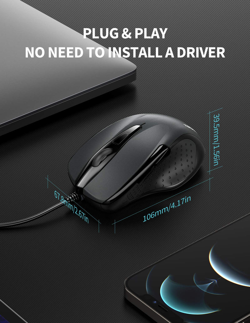 [Australia - AusPower] - TECKNET 6-Button USB Wired Mouse with Side Buttons, Optical Computer Mouse with 1000/2000DPI, Ergonomic Design, 5ft Cord, Support Laptop Chromebook PC Desktop Mac Notebook-Grey Grey 