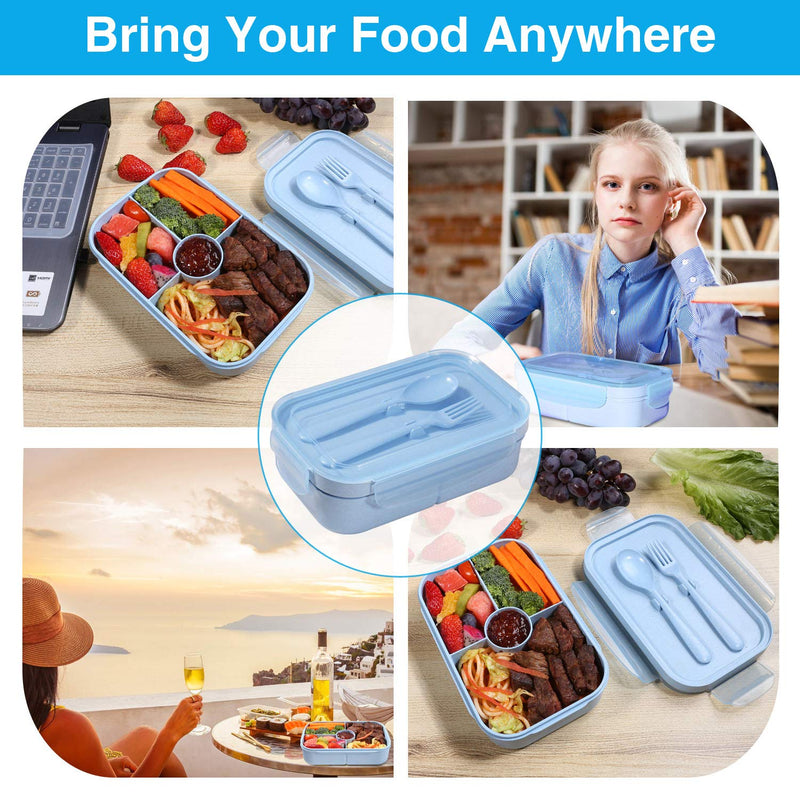 [Australia - AusPower] - Bento Box for Kids Lunch Containers with 4 Compartments Kids Bento Lunch Box Microwave/Freezer/Dishwasher Safe (Flatware Included,Light Blue) Light Blue Wheat Fiber 