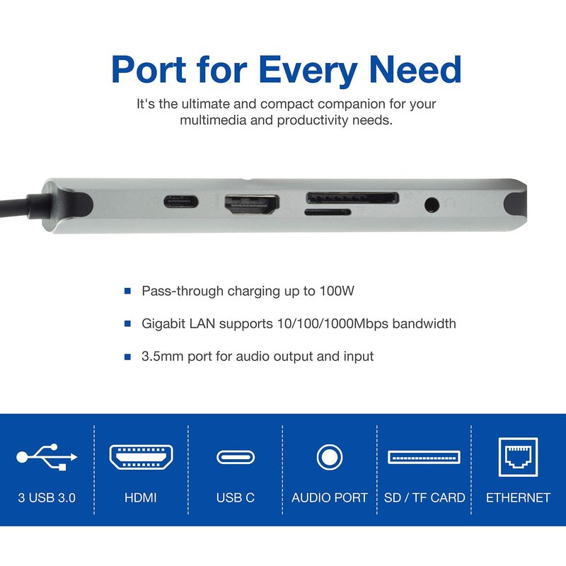 [Australia - AusPower] - Verbatim® 9-in-1 USB C Hub Adapter with 4K HDMI, 100W Power Delivery, USB 3.0, SD Card Readers, Gigabit LAN, 3.5mm Port for USB C Laptops 9 in 1 Hub 