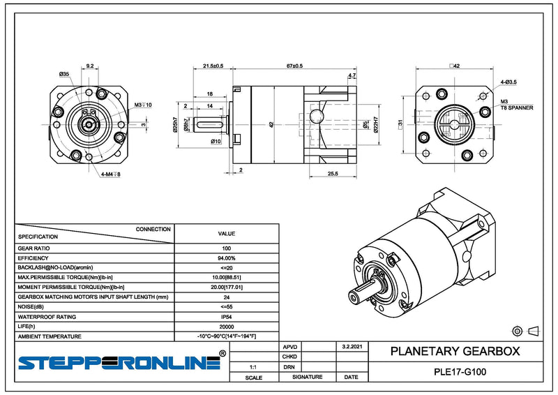 [Australia - AusPower] - STEPPERONLINE PLE Series Planetary Gearbox Gear Ratio 100:1 Backlash 20 arc-min for Nema 17 Stepper Motor Gear Ratio: 100:1 