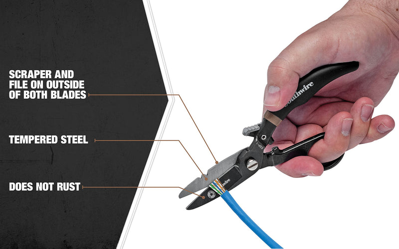 [Australia - AusPower] - Southwire - ESP-1 Tools & Equipment ESP1 Electrician Scissors DataComm Snips, Durable Serrated Blade, Built in Notches, Precise Control, Textured Grip Handle for Added Comfort, Nickle Finished Plate 
