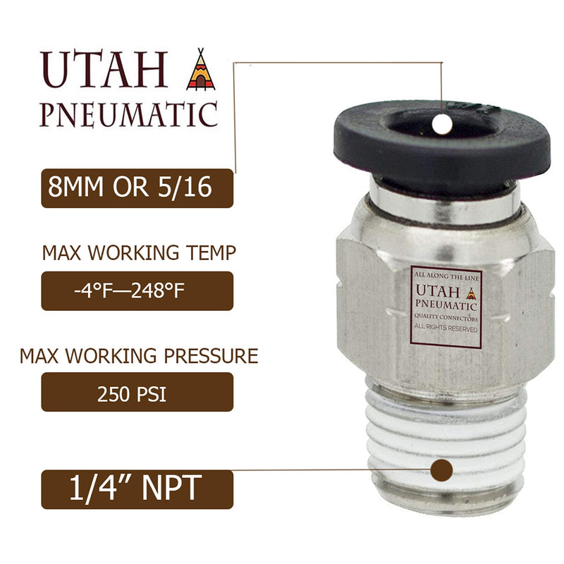 [Australia - AusPower] - Utah Pneumatic 8Mm Or 5/16 Od 1/4" Npt Air Union Male Push Air Fitting Straight pneumatic fitting Nylon & Nickel-Plated Brass Pneumatic Push Connect Fittings Air Line Fittings (10 Pack ) 