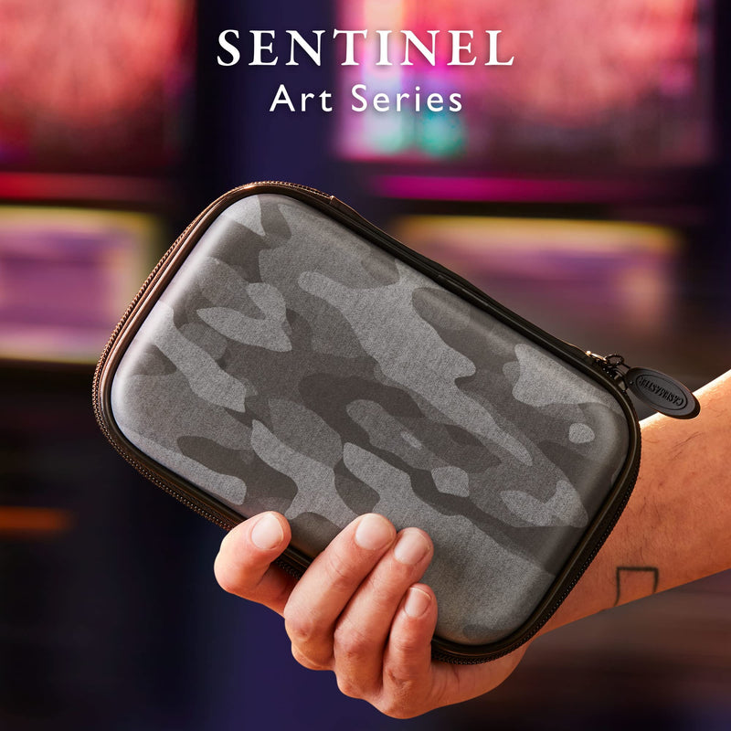 [Australia - AusPower] - Casemaster Sentinel 6 Dart Case, Holds Extra Accessories, Tips, Shafts and Flights, Compatible with Steel Tip and Soft Tip Darts, Impact & Water Resistant Tactech Shell, Black Camo 