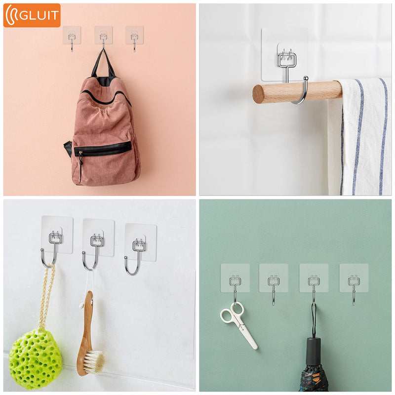 [Australia - AusPower] - GLUIT Large Adhesive Hooks for Hanging Heavy Duty Wall Hooks 22 lbs Self Adhesive Towel Waterproof Transparent Hooks for Bag Shower Outdoor Kitchen Cup Hooks Curtain Door Coat Hooks 6 Pack 6 Large Hooks 