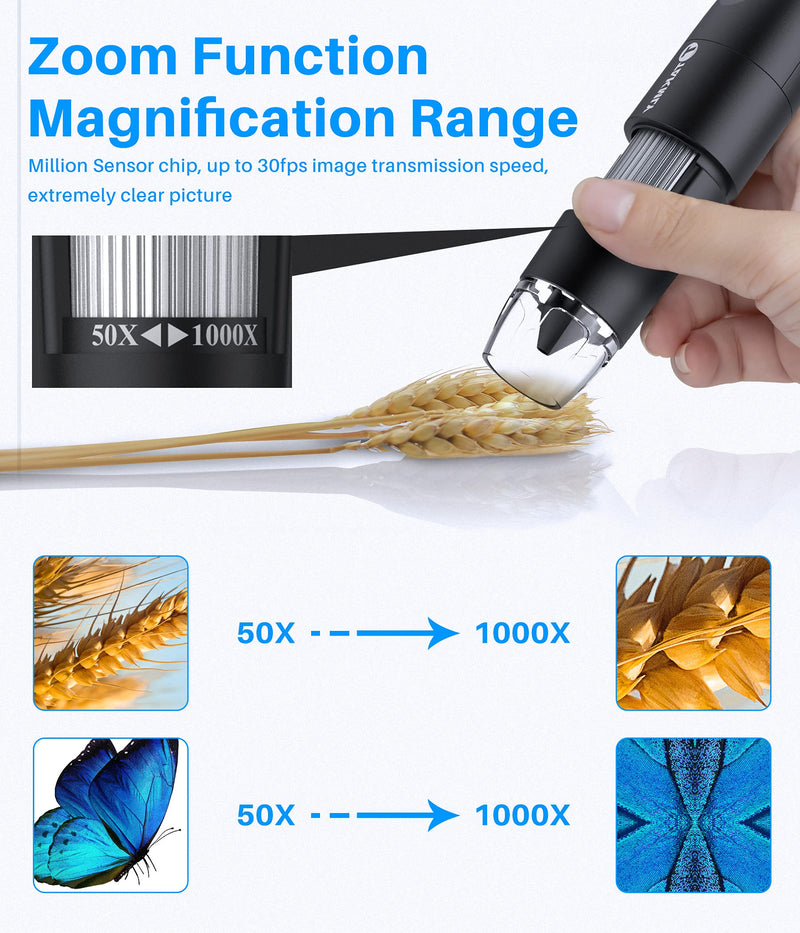 [Australia - AusPower] - Wireless Digital Microscope Handheld USB HD Inspection Camera 50x-1000x Magnification with Flexible Stand Compatible with iPhone, iPad, Samsung Galaxy, Android, Mac, Windows Computer (Black) 