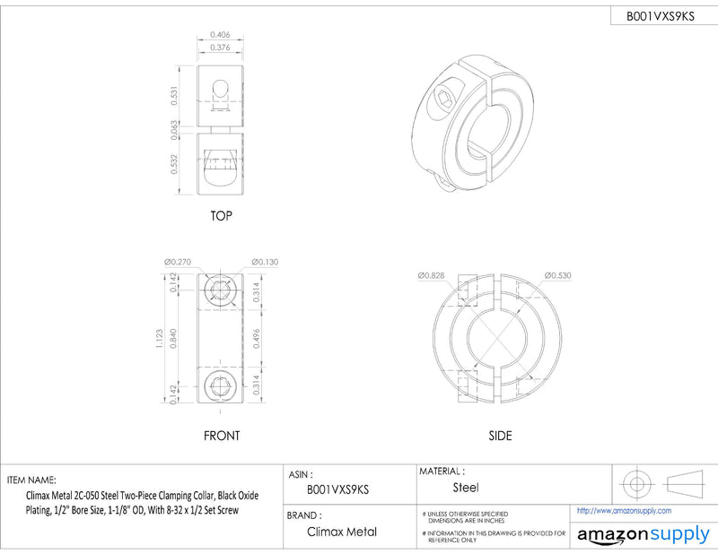 [Australia - AusPower] - Climax Metal 2C-050 Steel Two-Piece Clamping Collar, Black Oxide Plating, 1/2" Bore Size, 1-1/8" OD, With 8-32 x 1/2 Set Screw 