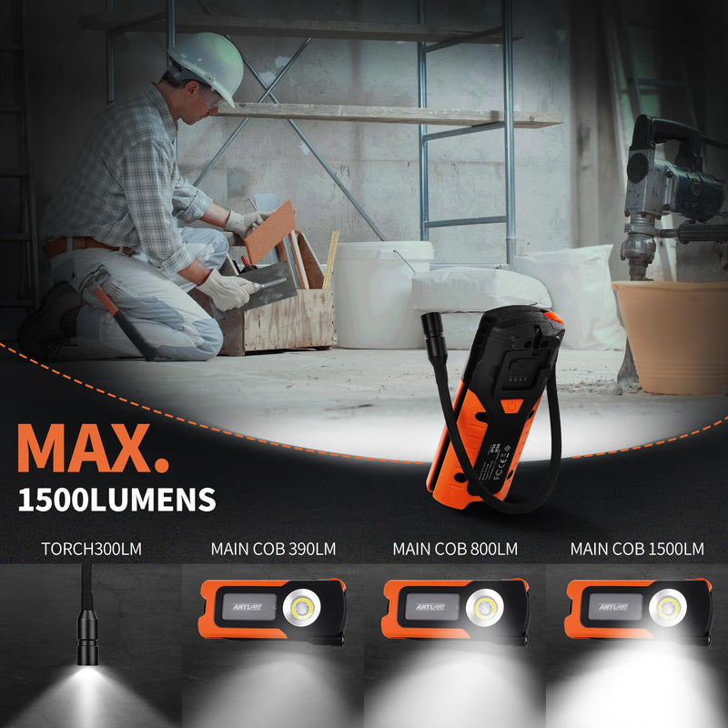 [Australia - AusPower] - ANYLIGHT Work Light - LED Rechargeable Work Light with COB 1500LM & 300LM Portable Gooseneck USB Rechargeable - Magnetic Led Worklight, Work Light Tool for Car Repair, Camping & Job Site Lighting 