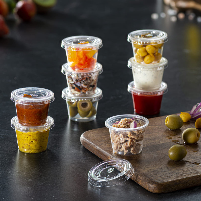 [Australia - AusPower] - Jello Shot Cups with Lids [200 Sets - 1 oz.] Small Plastic Condiment Containers for Sauce, Salad Dressings, Ramekins, & Portion Control 1 oz. - Clear 