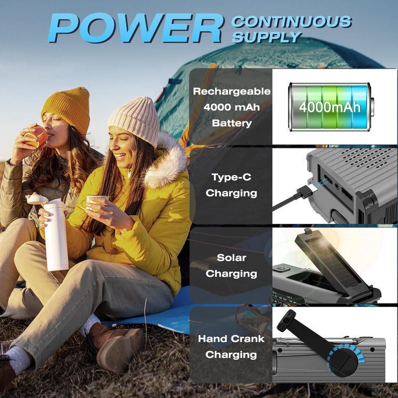 [Australia - AusPower] - Nitigo Emergency Radio 4000mAh Solar Hand Crank AM/FM/NOAA Portable Weather Radio with Phone Charger, LED Flashlight, Reading Lamp, SOS Alarm, Headphone Jack for Indoor Outdoor Emergency, USB Charged Gray 