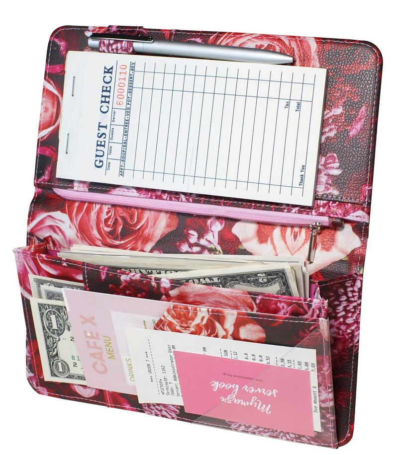 [Australia - AusPower] - Server Book for Waitress Book with Zipper and Magnetic Pocket Server Wallet with Zipper Pouch Restaurant Waitstaff Organizer, Guest Check Serving Book Holder Fit Server Big Volume(Rose Flower) 