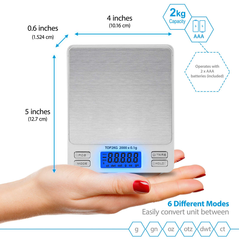 [Australia - AusPower] - Smart Weigh Digital Pro Pocket Scale 2000g x 0.1gram,Jewelry Scale, Coffee Scale, Food Scale with Tare, Hold and Counting Function ,Back-Lit LCD Display 