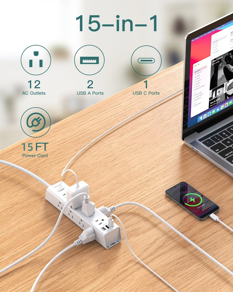 [Australia - AusPower] - 15FT Extension Cord - Power Strip Surge Protector, Long Cord with 12 Widely AC Outlets 3 USB, Flat Plug Extension Cord, Wall Mount, Desk Charging Station for Office Home College Dorm Room Essentials 15 FT 