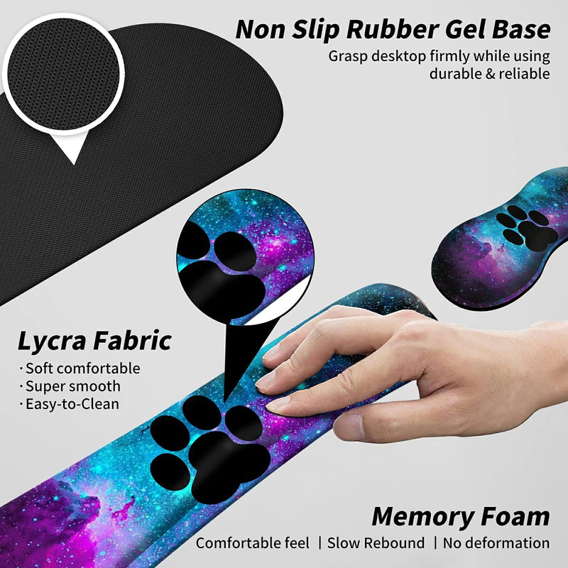 [Australia - AusPower] - Mouse Pad Wrist Support Keyboard Wrist Rest Combo+Cup Coaster [4-in-1] , Easy Typing Pain Relief, Memory Foam Gel Elbow Cushion Mousepad Set for Computer Laptop Office Home - Paw Galaxy 