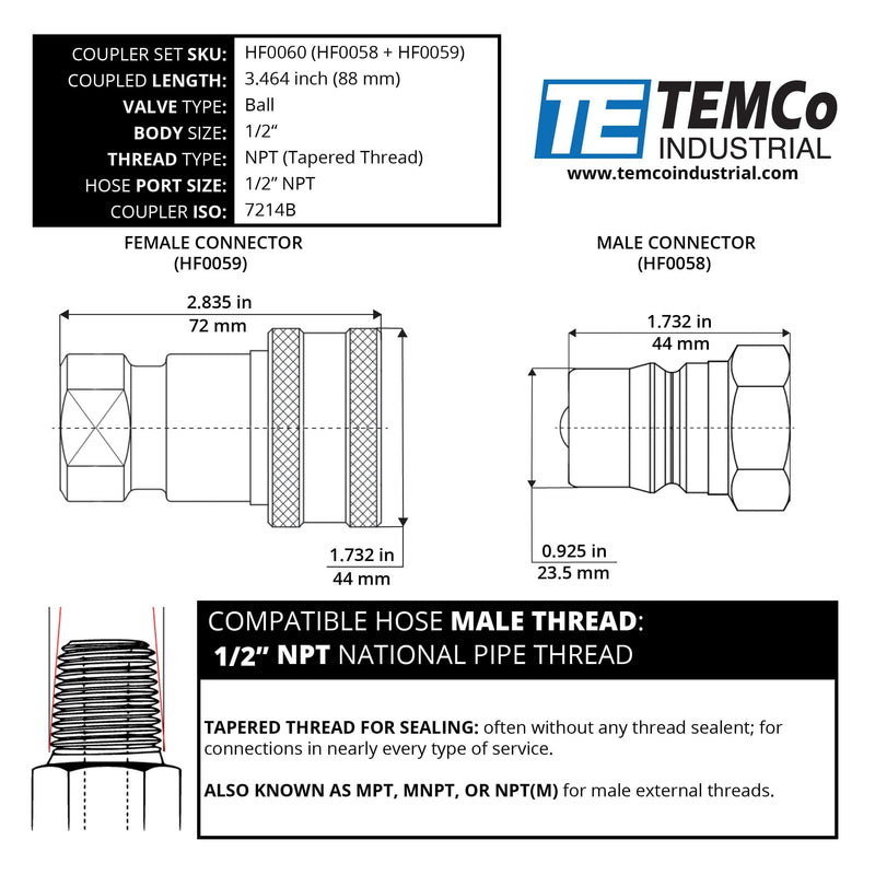 [Australia - AusPower] - TEMCo 1/2" Female NPT Thread 1/2" Body Pair Hydraulic Coupler ISO 7241B Ball Valve Quick Connect for Tractors and Ag Equipment Fits Pioneer Parker Format - HF0060 (HF0058 + HF0059) 