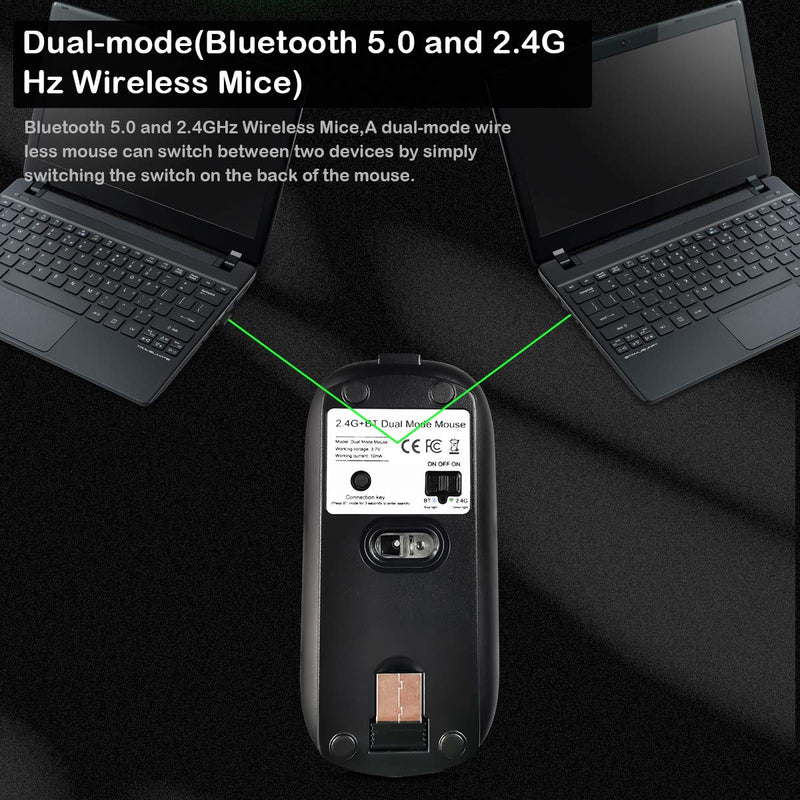 [Australia - AusPower] - Bluetooth Mouse, Rechargeable Wireless Mouse Dual Mode(Bluetooth 5.0+USB),2.4G Computer Mouse with USB Receiver, Silent Slim with Adjustable DPI for Laptop, PC, Mac,OS,Android, Windows,(Black) Black 
