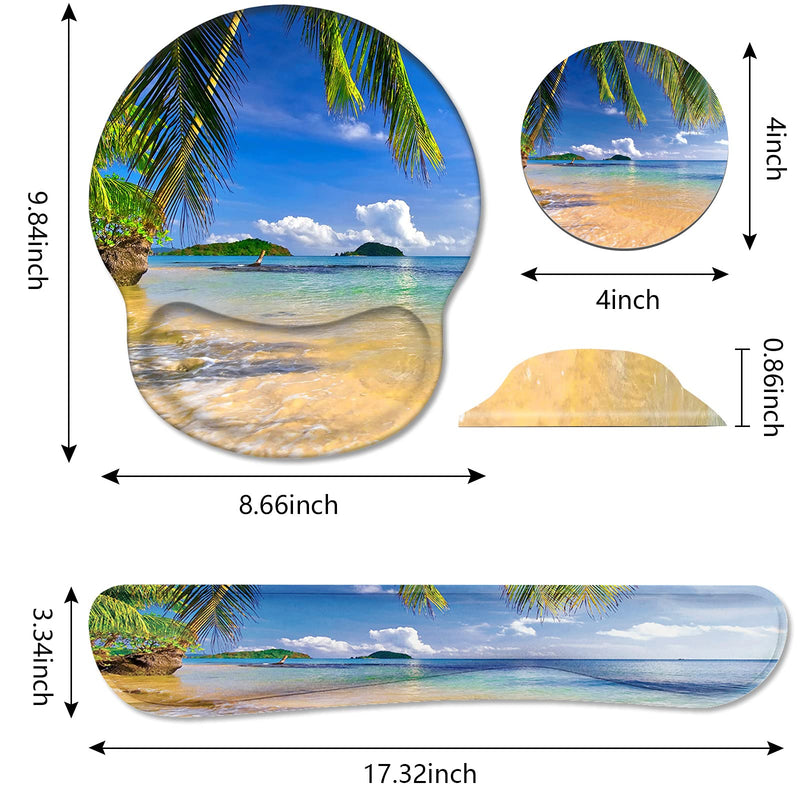 [Australia - AusPower] - Keyboard Wrist Rest and Mouse Pad Wrist Support Set with Coasters, Non-Slip PU Base Ergonomic Gaming Mousepad for Home Office Working Studying Easy Typing & Pain Relief, Shore Palms Tropical Beach 