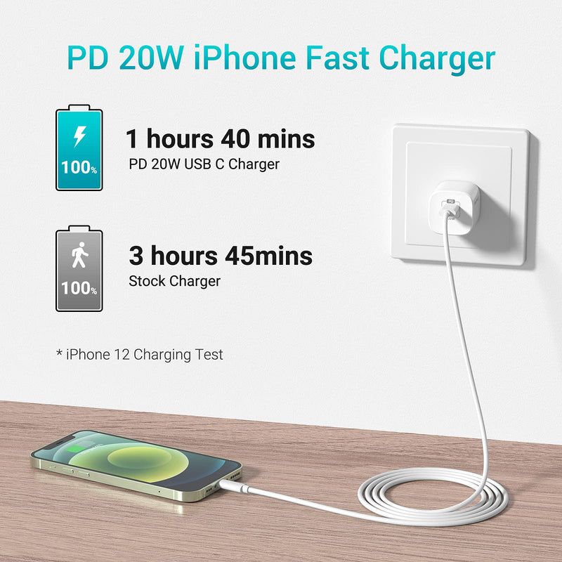 [Australia - AusPower] - iPhone Fast Charger MFi Certified - Novtech 20W USB C Wall Charger Plug with C to Lightning Cable 6.6FT - Power Delivery 3.0 Quick Charger Block for iPhone 13 12 11 XS XR X 8 Plus SE 2020 iPad - White 