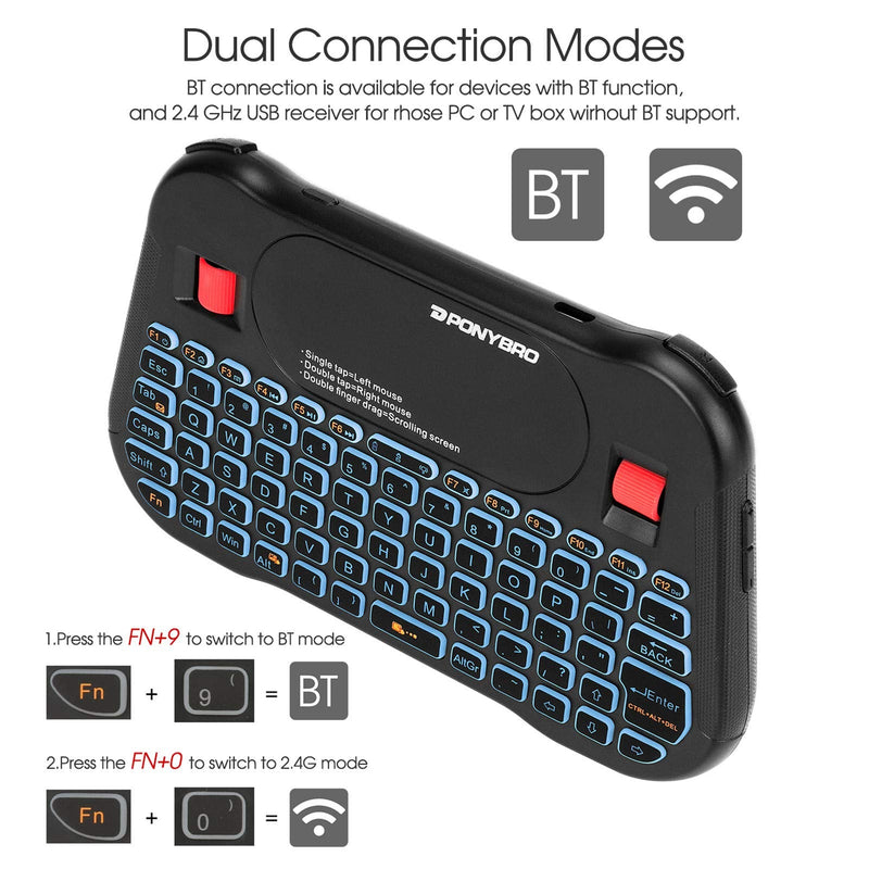 [Australia - AusPower] - PONYBRO Backlit Mini Bluetooth Wireless Keyboard with Touchpad QWERTY keypad,Support Bluetooth＆2.4G USB Connection,Rechargeable Handheld Keyboard Remote for Smartphones,Smart TV,Android TV Box,PC,Pad. 