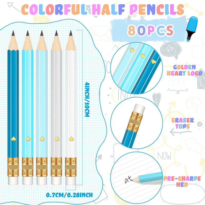 [Australia - AusPower] - 80 Pcs Half Pencils with Eraser Golf Pencils 2 HB Half Pencils 4 Inch Mini Pencils Hexagon Pre-sharpened Color Pencils Heart for Bridal Wedding Classroom Baby Shower School Office (Gray Teal Color) 'Light Color 