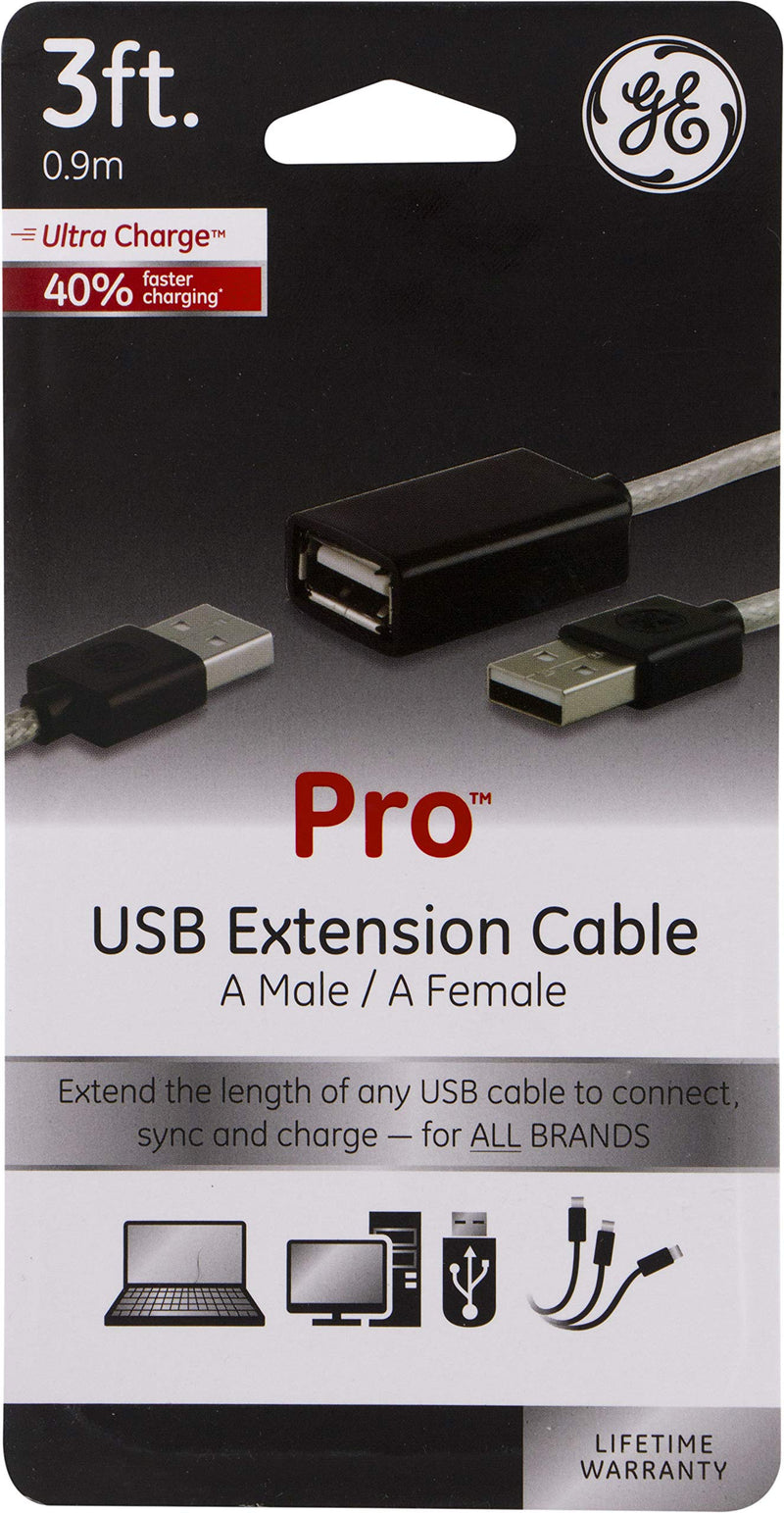 [Australia - AusPower] - GE Pro USB Extension Cable, 3 ft Long, Male to Female Cord, Black, 36593 
