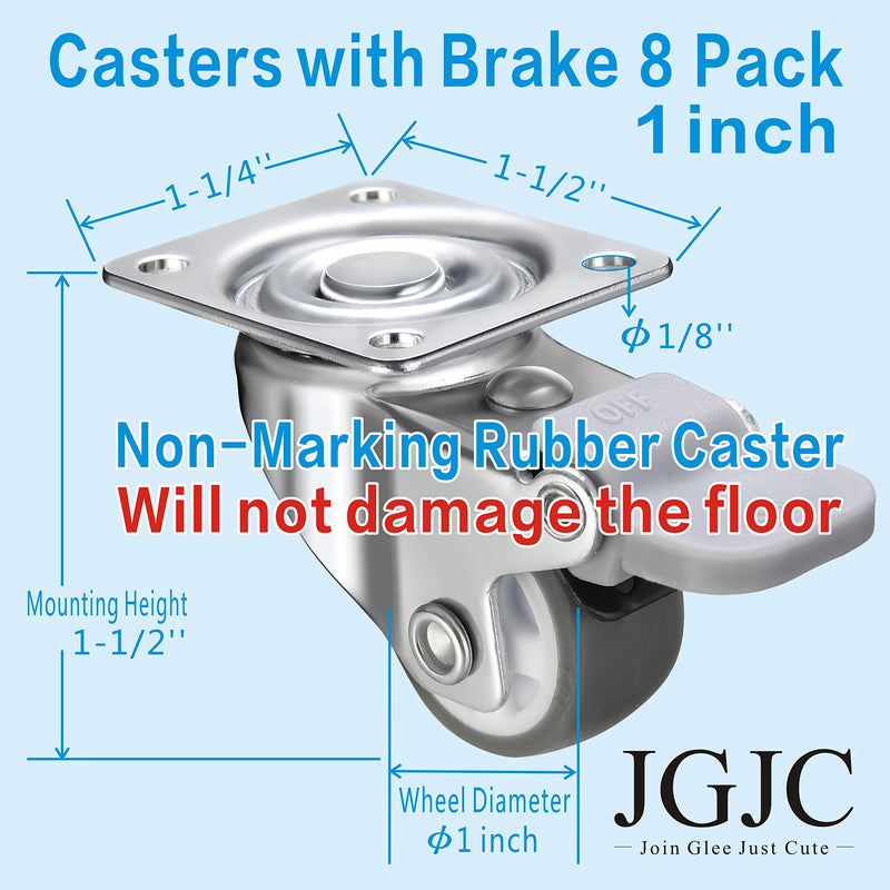 [Australia - AusPower] - JGJC 1'' Caster Wheels 8 Pack,Low Profile Small Wheels for Furniture,Soft Rubber Swivel Plate Casters Protect Wood Floors (8 with Brake,180 lbs for Set of 8) 