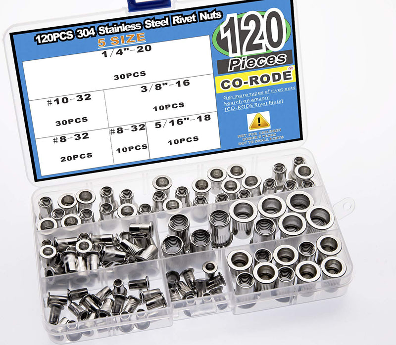 [Australia - AusPower] - CO-RODE 120pcs 8-32 10-32 1/4"-20 5/16"-18 3/8"-16 304 Stainless Steel Rivet Nuts Nutserts Assortment Kit SAE Inches 8-32/10-32/1/4"-20 / 5/16"-18 / 3/8"-16 120 