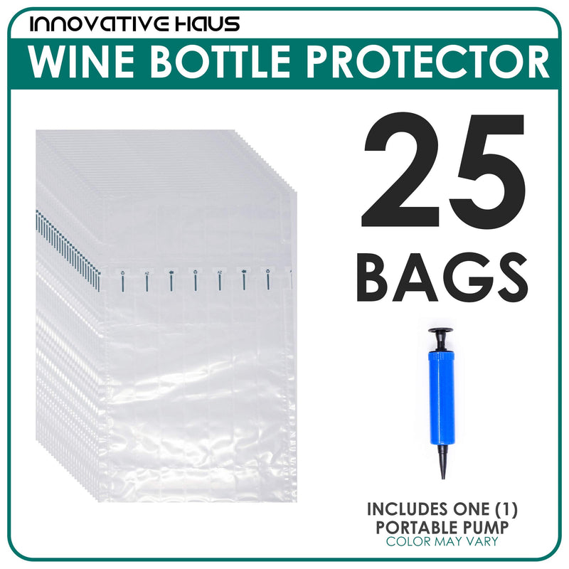 [Australia - AusPower] - Innovative Haus Pack of 25 Wine Bottle Protector Bag with Free Pump. Inflatable Air Columns Cushioning Safe Transportation of Glass Bottles While Traveling on Airplane. Premium Packaging Materials 