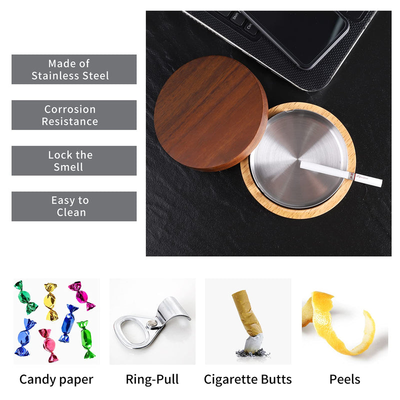 [Australia - AusPower] - Wooden Ashtray with Lid for Smokers Stainless Steel Liner Ash Tray Windproof Durable Easy to Clean Cool Ashtrays for Indoor or Outdoor Use, Patio, Office & Home 4.7 in x 4.7 in x 2.1 in Wood 