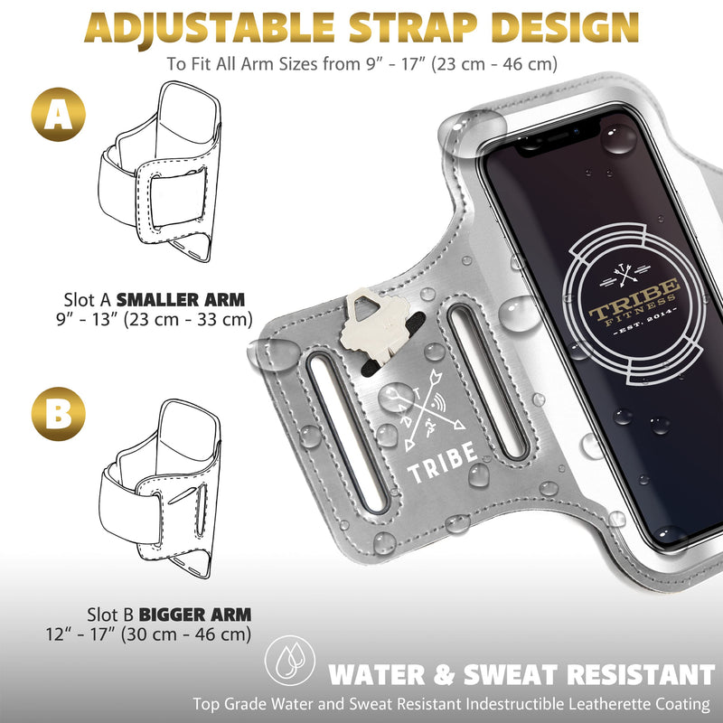 [Australia - AusPower] - TRIBE Running Phone Holder Armband. iPhone & Galaxy Cell Phone Sports Arm Bands for Women, Men, Runners, Jogging, Walking, Exercise & Gym Workout. Fits All Smartphones. Adjustable Strap, CC/Key Pocket M: iPhone Pro/X/XS/Galaxy S (Not Plus) Grey 